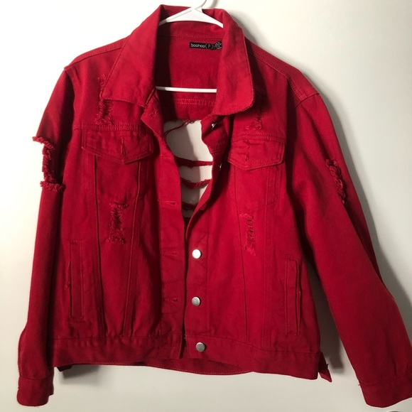 Red Distressed Denim Jacket - Picture 3 of 3